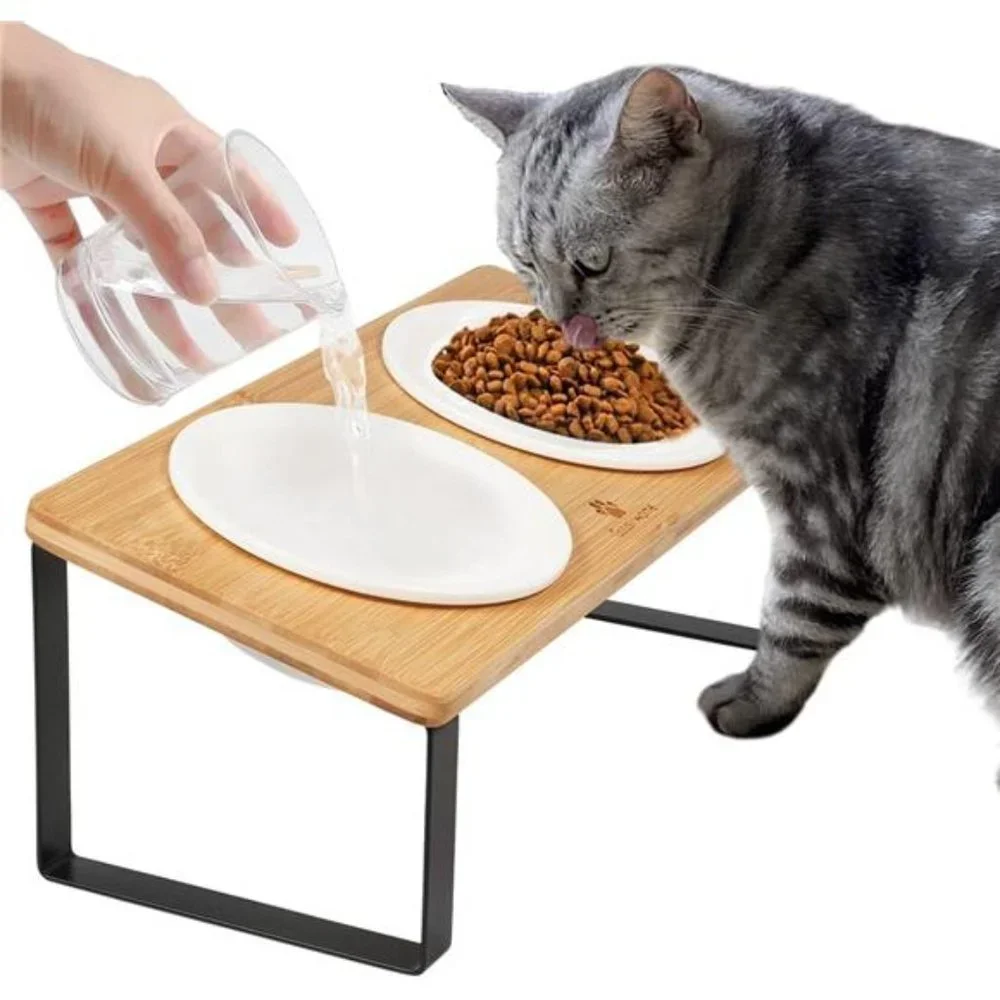 Ceramic Elevated Cat Bowls, Raised Puppy Dishes for Food and Water, Bamboo Stand